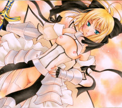 Rule 34 | 1girl, aoi yuuka (ao no kokoro), armor, armored dress, artoria pendragon (all), artoria pendragon (fate), bare shoulders, black ribbon, blonde hair, blush, breastless clothes, breasts, capcom, colored pencil (medium), dress, fate/stay night, fate/unlimited codes, fate (series), faulds, gauntlets, green eyes, hair ribbon, marker (medium), nipples, no bra, no panties, pastel (medium), pink thighhighs, ponytail, pussy, retro artstyle, ribbon, saber (fate), saber lily, shikishi, small breasts, solo, sword, thigh gap, thighhighs, thighs, traditional media, uncensored, vambraces, weapon