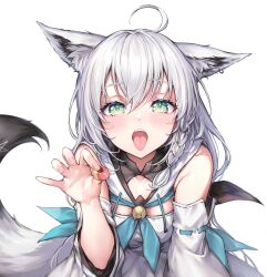 Rule 34 | 1girl, ahoge, animal ears, braid, candy, detached sleeves, food, fox ears, fox girl, fox tail, green eyes, highres, holding, holding candy, holding food, hololive, looking at viewer, md5 mismatch, mirukurim, open mouth, resolution mismatch, shirakami fubuki, shirakami fubuki (1st costume), single braid, solo, source larger, tail, tongue, virtual youtuber, white hair