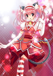 1girl animal_ears bad_id bad_pixiv_id bell cat_ears cat_girl cat_tail elbow_gloves female_focus gloves jingle_bell open_mouth original pink_hair shisaki_tayu solo striped_clothes striped_thighhighs tail thighhighs twintails wand