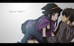 Rule 34 | 10s, 1boy, 1girl, all fours, black hair, blush, breasts, chitanda eru, cleavage, eye contact, gloves, halloween, hat, hyouka, long hair, looking at another, oreki houtarou, purple eyes, rito453, short hair, trick or treat, witch hat