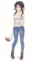 Rule 34 | 1girl, animal ears, anklet, arms behind back, black choker, blouse, blush, bralines, brown eyes, brown footwear, casual, choker, closed mouth, collarbone, contemporary, denim, eruruu, full body, grey shirt, hair tie, highres, jeans, jewelry, legs apart, long hair, looking at viewer, low twintails, miura-n315, pants, parted bangs, pigeon-toed, pocket, shirt, short sleeves, simple background, smile, solo, standing, tail, tareme, twintails, utawarerumono, utawarerumono: itsuwari no kamen, white background