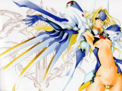 Rule 34 | 1girl, arc system works, blazblue, blonde hair, blue eyes, breasts, c-string, crotch plate, duplicate, flat chest, long hair, maebari, mu-12, navel, noel, official art, revealing clothes, small breasts, solo, strapless bottom, underboob