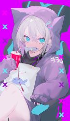 Rule 34 | 1girl, animal ears, animal hood, bangosu, bendy straw, blue eyes, cat ears, cat hood, chair, commentary request, cup, disposable cup, drinking straw, fake animal ears, feet out of frame, fish, hair between eyes, holding, holding cup, hood, hood up, hoodie, kaga sumire, knee up, long sleeves, looking at viewer, lupinus virtual games, mouth hold, office chair, puffy long sleeves, puffy sleeves, purple background, purple hoodie, silver hair, simple background, sitting, sleeves past wrists, solo, swivel chair, virtual youtuber, vspo!, x x
