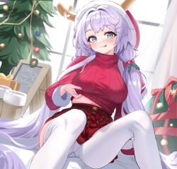 Rule 34 | 1girl, absurdres, antlers, blue archive, blue eyes, blush, boots, box, breasts, capelet, christmas tree, clothes lift, dutch angle, gift, gift box, hair intakes, hair ornament, hairclip, hanae (blue archive), hanae (christmas) (blue archive), heart, heart hair ornament, highres, holly hair ornament, hood, horns, large breasts, licking lips, light purple hair, long hair, miniskirt, navel, pantyhose, plaid, plaid skirt, red sweater, sign, sitting, skirt, smile, solo, stone (ksorede), sweater, sweater lift, tongue, tongue out, turtleneck, turtleneck sweater, twintails, unworn boots, very long hair, white pantyhose, window
