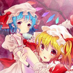 Rule 34 | 2girls, bat wings, blonde hair, blue hair, blush, crystal, cup, dress, fang, flandre scarlet, hat, hat ribbon, holding, holding cup, mary janes, medium hair, mob cap, multiple girls, open mouth, red footwear, red ribbon, remilia scarlet, ribbon, sailor antei, shoes, short hair, short sleeves, siblings, sisters, slit pupils, socks, teacup, touhou, white socks, wings, wristband