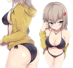 Rule 34 | 1girl, ass, bikini, black bikini, blue eyes, breasts, cleavage, commentary request, cowboy shot, flower, from above, girls und panzer, hair flower, hair ornament, hairclip, halterneck, head out of frame, itsumi erika, jacket, kasai shin, medium breasts, medium hair, multiple views, side-tie bikini bottom, simple background, standing, swimsuit, thigh gap, white background, yellow jacket