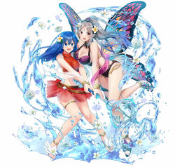 Rule 34 | 2girls, bare shoulders, bikini, blue eyes, blue hair, breasts, caeda (fire emblem), cleavage, fairy wings, feet, female focus, fire emblem, fire emblem: mystery of the emblem, fire emblem heroes, flower, full body, hair flower, hair ornament, long hair, matching hair/eyes, medium breasts, midriff, multiple girls, navel, nintendo, official art, one-piece swimsuit, open mouth, plumeria (fire emblem), pointy ears, ryouma (galley), sandals, simple background, smile, swimsuit, toes, water, white background, wings