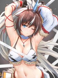 Rule 34 | 1girl, absurdres, arknights, armpits, arms up, bare shoulders, belt, black gloves, blue eyes, breasts, brown hair, choker, cleavage, commentary request, cowboy shot, detached sleeves, fur trim, gloves, grey background, highres, horns, jewelry, kirin r yato (arknights), large breasts, looking at viewer, monster hunter (series), navel, one eye closed, pendant, pointy ears, solo, stomach, white choker, yato (arknights), yukinoshiro