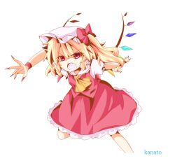 Rule 34 | 1girl, artist name, ascot, bow, collared shirt, cropped legs, fighting stance, fingernails, flandre scarlet, foreshortening, frilled skirt, frills, hair bow, hat, incoming attack, kanato (mini minto), long fingernails, looking at viewer, mob cap, multicolored wings, nail polish, puffy short sleeves, puffy sleeves, red bow, red eyes, red nails, red skirt, red vest, sharp fingernails, shirt, short sleeves, simple background, skirt, skirt set, solo, touhou, vest, white background, white hat, white shirt, wings, yellow ascot