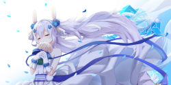 Rule 34 | 1girl, animal ears, azur lane, bare shoulders, blue flower, blush, breasts, closed eyes, dress, fake animal ears, flat chest, flower, gloves, hair between eyes, hair flower, hair ornament, hair ribbon, holding, holding flower, laffey (azur lane), laffey (white rabbit&#039;s oath) (azur lane), long hair, official alternate costume, parted lips, rabbit ears, ribbon, silver hair, simple background, sleeveless, sleeveless dress, small breasts, solo, twintails, very long hair, wedding dress, white background, white dress, white flower, white ribbon, white theme, zhen jian