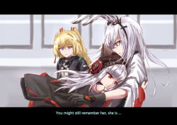 Rule 34 | 3girls, animal ears, arknights, blonde hair, chinese commentary, cishi nianshao, doctor (arknights), english text, female doctor (arknights), frostleaf (arknights), frostnova (arknights), headphones, highres, hug, indoors, letterboxed, multiple girls, office, rabbit ears, scar, scar on face, scar on nose, white hair