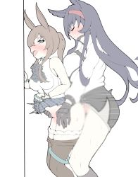 Rule 34 | 2girls, :o, absurdres, amiya (arknights), animal ears, arknights, black gloves, black hair, blaze (arknights), blush, breasts, brown hair, clothed sex, closed eyes, futa with female, futanari, gloves, grabbing, grabbing from behind, headband, highres, huge breasts, long hair, medium breasts, multiple girls, open mouth, panties, panties around leg, pantyhose, physisyoon, pointy ears, ponytail, sex, sex from behind, size difference, underwear, white panties