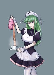Rule 34 | 1girl, absurdres, apron, breasts, collar, cup, detached sleeves, eyebrows hidden by hair, frilled skirt, frills, green hair, hair ribbon, highres, kobayakawa chinu, long hair, maid, maid apron, maid headdress, non-web source, one eye closed, open mouth, pantyhose, pouring, purple eyes, rance (series), ribbon, sengoku rance, shaded face, simple background, skirt, smile, solo, steam, teacup, teapot, tesanu