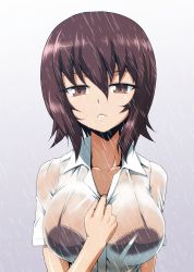 Rule 34 | 1girl, absurdres, alternate costume, bra visible through clothes, breasts, brown eyes, brown hair, collar tug, girls und panzer, hair between eyes, highres, kamishima kanon, large breasts, nishizumi maho, rain, see-through, short hair, solo, upper body, wet, wet clothes