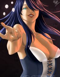 Rule 34 | 1girl, aqua eyes, armpits, artist name, bare shoulders, black hair, boku no hero academia, breasts, cleavage, cleavage cutout, clothing cutout, collarbone, corset, dark background, deviantart username, eyelashes, female focus, fingernails, hair over one eye, half-closed eyes, highres, lips, lipstick, long fingernails, long hair, looking at viewer, makeup, medium breasts, midnight (boku no hero academia), neck, no bra, outstretched arm, outstretched hand, pollo1567, reaching, reaching towards viewer, revealing clothes, seductive smile, simple background, smile, spiked hair, standing, strapless
