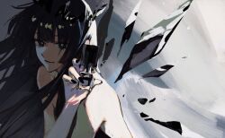 Rule 34 | 1girl, arknights, black eyes, black hair, black halo, black nails, black wings, blunt bangs, bottle, bright pupils, broken halo, chinese commentary, closed mouth, commentary request, dark halo, detached wings, energy wings, eyelashes, fingernails, floating hair, grey background, halo, hand up, highres, hime cut, holding, holding bottle, implied nudity, light smile, long fingernails, long hair, looking at viewer, looking to the side, nail polish, nude, pale skin, perfume bottle, shade, sidelighting, sidelocks, solo, standing, two-tone background, upper body, virtuosa (arknights), weibo 3818965050, white background, white pupils, wings