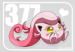 Rule 34 | blush stickers, closed mouth, commentary request, creatures (company), fang, fang out, framed, game freak, grey background, heart, kumano sakunosuke, nintendo, no humans, pokemon, pokemon (creature), scream tail, smile, solo, yellow eyes