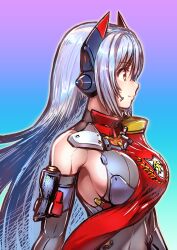 Rule 34 | 1girl, android, breasts, elbow gloves, fukadumeasadume, gloves, gradient background, highres, large breasts, long hair, looking to the side, orange eyes, poppi (xenoblade), poppi qtpi (xenoblade), purple hair, smile, xenoblade chronicles (series), xenoblade chronicles 2