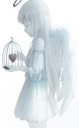 Rule 34 | 1girl, angel, baijiu (white), cage, closed eyes, dress, halo, heart, holding, holding cage, long hair, original, profile, solo, standing, very long hair, white background, white dress, white wings, wings