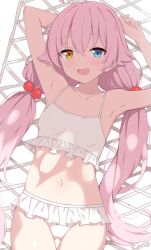 Rule 34 | 1girl, absurdres, ahoge, armpits, arms up, artist name, bare arms, bikini, bikini skirt, blue archive, blue eyes, blush, breasts, fang, frilled bikini, frills, hair between eyes, hair bobbles, hair ornament, hammock, hayana neru, heterochromia, highres, hoshino (blue archive), hoshino (swimsuit) (blue archive), long hair, looking at viewer, lying, navel, official alternate costume, on back, open mouth, pink hair, small breasts, smile, solo, stomach, swimsuit, thigh gap, twintails, white bikini, yellow eyes
