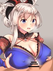 Rule 34 | 1girl, bar censor, blue eyes, blush, breast hold, breasts, censored, collarbone, detached sleeves, earrings, fate/grand order, fate (series), hair ornament, heart, heart-shaped pupils, highres, japanese clothes, jewelry, kimono, kona matsu, large breasts, looking at viewer, miyamoto musashi (fate), miyamoto musashi (third ascension) (fate), paizuri, paizuri under clothes, penis, ponytail, solo focus, symbol-shaped pupils