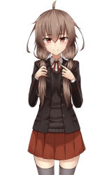 Rule 34 | 1girl, ahoge, blush, brown hair, hair between eyes, highres, holding, holding own hair, jacket, long hair, looking at viewer, open clothes, open jacket, original, pleated skirt, red skirt, skirt, solo, thighhighs, thighs, twintails, white background, yakob labo, zettai ryouiki