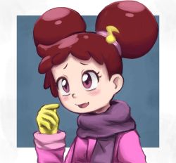 Rule 34 | 1girl, absurdres, fang, harukaze doremi, highres, ojamajo doremi, red hair, scarf, shrums, simple background, skin fang, solo, upper body, winter clothes