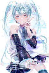 Rule 34 | 1girl, absurdres, bad id, bad pixiv id, black skirt, black sleeves, blue eyes, blue hair, blue nails, blue necktie, blue thighhighs, collared shirt, detached sleeves, floating hair, grin, hair between eyes, hatsune miku, headset, highres, long hair, long sleeves, looking at viewer, microphone, miniskirt, nail polish, necktie, o 28 otsuha, pleated skirt, shirt, skirt, sleeveless, sleeveless shirt, smile, solo, standing, thighhighs, twintails, v, vocaloid, white shirt, wing collar, zettai ryouiki