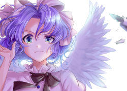 Rule 34 | 1girl, angel, angel wings, black bow, blue eyes, blue hair, bow, breasts, dress, feathered wings, hair ribbon, mystic square, parted bangs, ribbon, short hair, simple background, small breasts, smirk, touhou, touhou (pc-98), wasabi sankiro, white background, white dress, white ribbon, white wings, wings