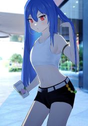 Rule 34 | 1girl, alternate costume, aoanndon, belt, black shorts, blue hair, breasts, coffee cup, commentary request, cowboy shot, cup, disposable cup, earrings, highres, hinanawi tenshi, holding, holding cup, jewelry, long hair, midriff, navel, no headwear, peach print, rainbow order, red eyes, shorts, small breasts, solo, stomach, tank top, touhou, very long hair, white belt, white tank top