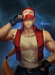 Rule 34 | 1boy, artist name, baseball cap, blonde hair, blue eyes, copyright name, fatal fury, fingerless gloves, gloves, grin, hand over eye, hat, highres, jacket, long hair, looking at viewer, male focus, muscular, pants, ponytail, shirt, sleeveless, sleeveless shirt, smile, snk, solo, terry bogard, the king of fighters, vest, xiaoguimist