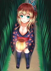 Rule 34 | 10s, 1girl, blonde hair, blue thighhighs, blush, boku wa tomodachi ga sukunai, breasts, butterfly hair ornament, cleavage, female focus, floral print, from above, full body, grass, green eyes, hair ornament, highres, holding, japanese clothes, kashiwazaki sena, kimono, lantern, large breasts, long hair, looking at viewer, night, nottytiffy, obi, path, ponytail, road, sandals, sash, short kimono, smile, solo, thighhighs