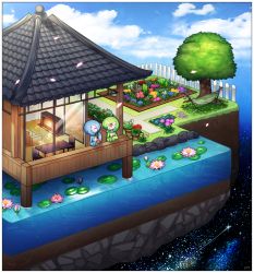 Rule 34 | alternate color, architecture, blue sky, day, east asian architecture, fence, flower, garden, gardevoir, gen 3 pokemon, hammock, highres, lily pad, lotosu, outdoors, plant, pokemon, pokemon (creature), potted plant, red eyes, scenery, shiny pokemon, sky, star (sky), table, tree