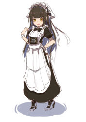 Rule 34 | 1girl, apron, black bow, black hair, blunt bangs, bow, bowtie, brown eyes, commentary request, full body, hand up, high heels, imouto meido, long hair, maid, maid headdress, official art, open mouth, original, rai (sakuranbo sugar), scrunchie, short sleeves, simple background, sketch, solo, standing, very long hair, white background, wrist scrunchie