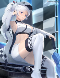 Rule 34 | 1girl, alternate costume, blue eyes, braid, braided ponytail, breasts, bridal gauntlets, car, checkered clothes, checkered flag, closed mouth, flag, hair ornament, hat, high ponytail, highres, holding, holding umbrella, jacket, long hair, looking at viewer, midriff, miniskirt, motor vehicle, off shoulder, on vehicle, panties, panty peek, peaked cap, race queen, rwby, scar, scar across eye, scar on face, short shorts, shorts, sitting, skirt, small breasts, snowflake print, solo, thighhighs, thighs, tiara, umbrella, underwear, v-shaped eyebrows, very long hair, vilde loh hocen, weiss schnee, white hair, white jacket, white skirt, white thighhighs