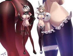 Rule 34 | 2girls, alternate costume, animal ears, ass, blonde hair, blue eyes, blush, breasts, covered erect nipples, fake animal ears, fate/apocrypha, fate/grand order, fate (series), frontless outfit, grey hair, headpiece, heart maebari, heart pasties, highres, jeanne d&#039;arc (fate), jeanne d&#039;arc (ruler) (fate), jeanne d&#039;arc alter (avenger) (fate), jeanne d&#039;arc alter (fate), kurozawa yui, large breasts, latex, latex legwear, long hair, looking at viewer, maebari, meme attire, multiple girls, multiple views, nail polish, navel, pasties, rabbit ears, revealing clothes, reverse bunnysuit, reverse outfit, short hair, stomach, wrist cuffs, yellow eyes
