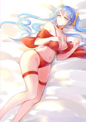 Rule 34 | absurdres, alternate costume, amiemie, bell, blue hair, blush, bra, breasts, choker, feet out of frame, hair ornament, highres, jingle bell, large breasts, league of legends, long hair, looking at viewer, lying, navel, on side, panties, red bra, red panties, solo, sona (league of legends), strap slip, thigh strap, twintails, underwear, yellow eyes