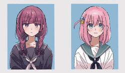 2girls aged_down black_bow black_neckerchief black_serafuku blue_background blue_eyes blunt_bangs blush bocchi_the_rock! border bow braid collarbone commentary_request cube_hair_ornament enu_(brandnewday02) expressionless furrowed_brow gotoh_hitori green_sailor_collar hair_bobbles hair_bow hair_ornament hair_over_shoulder half-closed_eyes hiroi_kikuri id_photo jitome long_hair looking_at_viewer low_twin_braids medium_hair multiple_girls multiple_hair_bows neckerchief nervous official_alternate_costume one_side_up pink_hair purple_eyes purple_hair sailor_collar school_uniform serafuku straight-on twin_braids upper_body white_border white_neckerchief