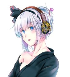 Rule 34 | 1girl, alternate costume, ase tou mi kaameru, bad id, bad pixiv id, bare shoulders, blue eyes, blush, collarbone, hairband, headphones, highres, japanese clothes, konpaku youmu, looking at viewer, open mouth, short hair, silver hair, solo, touhou, upper body, white background