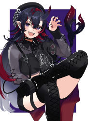 Rule 34 | 1girl, absurdres, asymmetrical clothes, asymmetrical horns, black choker, black footwear, black hat, black horns, black shorts, blush, boots, breasts, chain, chain necklace, choker, claw pose, collared shirt, commentary request, crop top, cross-laced footwear, crossed bangs, demon girl, demon horns, demon tail, earrings, figure four sitting, fingernails, flipped hair, foot out of frame, gradient horns, grey shirt, hat, highres, horns, jewelry, layered sleeves, long hair, long sleeves, looking at viewer, medium breasts, multicolored hair, multicolored horns, multiple earrings, nanashi inc., necklace, official alternate costume, pointy ears, purple background, purple eyes, red hair, red horns, red nails, ryugasaki rene, ryugasaki rene (4th costume), shirt, short over long sleeves, short sleeves, shorts, sitting, smile, solo, streaked hair, studded choker, suspender shorts, suspenders, tail, thigh boots, two-tone background, two-tone hair, uneven horns, very long hair, virtual youtuber, white background, zono (inokura syuzo029)