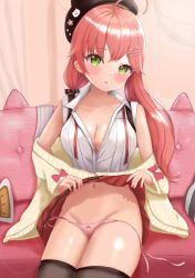 Rule 34 | 1girl, ahoge, blush, breasts, cleavage, clothes lift, collarbone, couch, green eyes, hair between eyes, hair ornament, hairclip, highres, hololive, long hair, looking at viewer, loose panties, navel, off shoulder, open mouth, panties, parted lips, partially unbuttoned, pink hair, pink panties, sakura miko, sakura miko (casual), shirt, side-tie panties, sitting, skirt, skirt lift, solo, thighhighs, unbuttoned, unbuttoned shirt, underwear, uni ikura, untied panties, virtual youtuber, white shirt