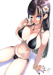 Rule 34 | 1girl, ;p, bikini, black bikini, black hair, blue eyes, breasts, cleavage, flower, hair flower, hair ornament, highres, kaedeko (kaedelic), large breasts, lily (flower), long hair, looking at viewer, midriff, mole, mole under mouth, navel, one eye closed, original, simple background, sitting, solo, swimsuit, thighs, tongue, tongue out, uchimura reimi, white background