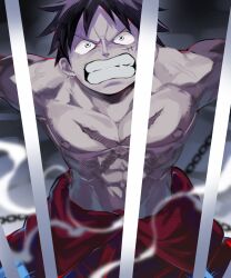 Rule 34 | 1boy, abs, angry, bars, black eyes, black hair, chain, cowboy shot, facial scar, highres, iron bars, looking up, male focus, monkey d. luffy, mrjieshisu, muscular, muscular male, nipples, one piece, prison cell, restrained, scar, scar on cheek, scar on chest, scar on face, short hair, solo, topless male, v-shaped eyebrows