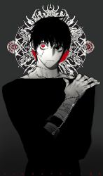 Rule 34 | 1boy, bandages, bandaged arm, bandages, black eyes, black hair, black shirt, closed mouth, grey background, heterochromia, looking at viewer, male focus, original, pigeon666, red eyes, red theme, scar, shirt, short hair, solo, spot color, upper body, wide-eyed