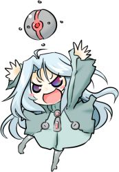 Rule 34 | 100 percent orange juice, 1girl, :d, ahoge, arms up, blue eyes, blue hair, blush stickers, chibi, commentary request, dress, full body, green dress, grey pantyhose, hair strand, hono, long hair, long sleeves, multicolored eyes, official art, open mouth, orb, pantyhose, parted bangs, purple eyes, simple background, sleeves past wrists, smile, solo, standing, standing on one leg, star breaker (orange juice), suguri, v-shaped eyebrows, very long hair, white background