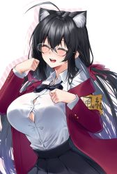 Rule 34 | 1girl, ^ ^, ahoge, animal ear fluff, animal ears, armband, azur lane, bespectacled, black bow, black bowtie, black hair, black skirt, blush, bow, bowtie, breasts, button gap, cat ears, cleavage, closed eyes, collared shirt, commentary, cowboy shot, crossed bangs, dress shirt, drop shadow, glasses, hair between eyes, hair ribbon, happy, highres, huge ahoge, jacket, kemonomimi mode, large breasts, long hair, long sleeves, looking at viewer, off shoulder, official alternate costume, open clothes, open jacket, open mouth, paw pose, pleated skirt, red jacket, red ribbon, ribbon, rimless eyewear, shirt, shirt tucked in, simple background, skirt, smile, solo, taihou (azur lane), taihou (sweet time after school) (azur lane), very long hair, white background, white shirt, wing collar, yellow armband, yorugami rei