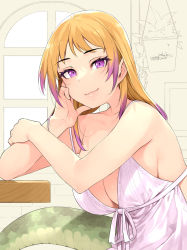Rule 34 | 1girl, african rock python (kemono friends), alternate costume, bare arms, bare shoulders, blonde hair, breasts, collarbone, commentary, dated, dress, elbow rest, happa (cloverppd), highres, indoors, kemono friends, large breasts, long hair, looking at viewer, multicolored hair, purple eyes, purple hair, signature, sleeveless, sleeveless dress, snake tail, solo, spaghetti strap, tail, two-tone hair, upper body, white dress, window