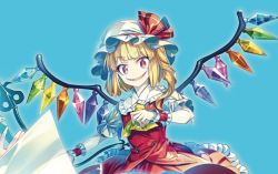 Rule 34 | 1girl, ascot, blonde hair, blue background, blunt bangs, buttons, dress shirt, eyebrows, fangs, fingernails, flandre scarlet, frilled shirt collar, frilled skirt, frilled sleeves, frills, hat, hat ribbon, looking at viewer, mob cap, nail polish, puffy short sleeves, puffy sleeves, red eyes, red nails, red vest, ribbon, sharp fingernails, shirt, short hair, short sleeves, side ponytail, simple background, skirt, skirt set, slit pupils, smile, solo, touhou, vest, white hat, white shirt, wings, wrist cuffs, zounose