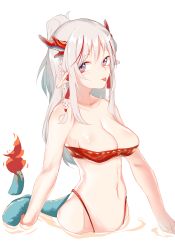 Rule 34 | 1girl, arknights, bandeau, bikini, braid, breasts, cleavage, closed mouth, commentary, dated commentary, dragon horns, dragon tail, earrings, highleg, highleg bikini, highres, holding, horns, inniyik, jewelry, long hair, looking at viewer, multicolored hair, navel, nian (arknights), orange bandeau, orange bikini, pointy ears, purple eyes, sidelocks, sideways glance, simple background, solo, stomach, strapless, streaked hair, swimsuit, tail, tongue, tongue out, tube top, upper body, wading, white background, white hair