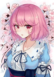 Rule 34 | 1girl, absurdres, blue kimono, blue ribbon, blush, breasts, cherry blossoms, collar, collarbone, commentary, flower, frilled collar, frills, highres, japanese clothes, kimono, large breasts, looking at viewer, no headwear, parted lips, pink eyes, pink hair, ribbon, saigyouji yuyuko, short hair, solo, touhou, upper body, yuku~
